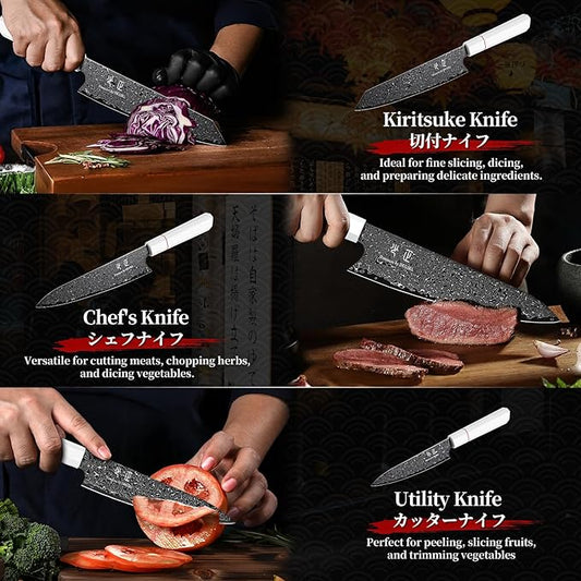 DRGSKL Japanese Knife Set Damascus - VG10 Kitchen Knife Set 3 PCS for Fruit, Vegetables, Fish and Meat - Japanese G10 Handle - Gifts for Men and Women