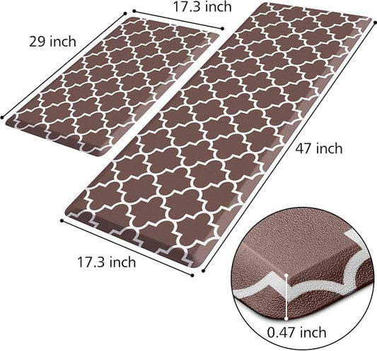 KMAT Kitchen Mat [2 PCS] 0.47in Cushioned Anti-Fatigue Kitchen Rug, Waterproof Non-Skid Heavy Duty PVC Ergonomic Comfort Standing Mat for Floor, Brown