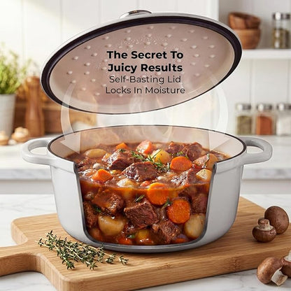 Zulay Kitchen 6.4QT Enameled Cast Iron Dutch Oven Pot with Lid, Heavy-Duty Soup Pot for Stews, Braising, Roasting & Sourdough Bread Baking, Oven Safe up to 500°F - White
