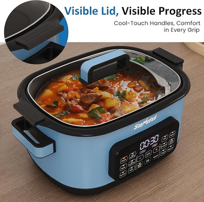 12-in-1 Multicooker, 6.5QT Slow Cooker Roaster Oven, Digital Programmable Multi Functional Pot with Timer Temp Control Delay Start Glass Lid Removable Nonstick Pot, Roast/Steam Rack, Blue
