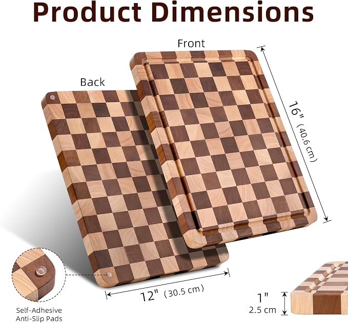 Checkered Cutting Board, Wooden Checkerboard Cutting Board for Kitchen 16 x 12 x 1", Rubber Wood Butcher Block Chopping Board with Juice Grooves & Handles for Meat, Vegetables & Cheese