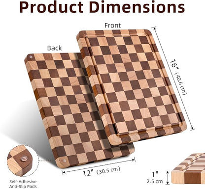 Checkered Cutting Board, Wooden Checkerboard Cutting Board for Kitchen 16 x 12 x 1", Rubber Wood Butcher Block Chopping Board with Juice Grooves & Handles for Meat, Vegetables & Cheese