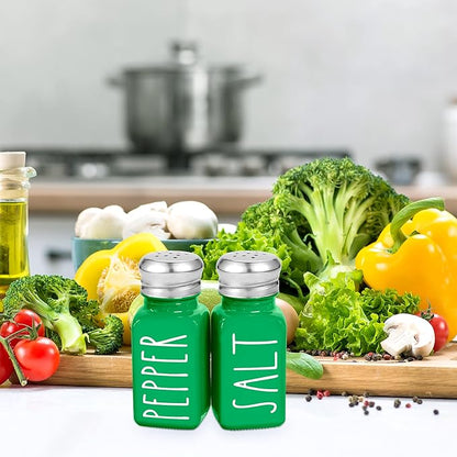Green Salt and Pepper Shakers Set by Brighter Barns - Modern Farmhouse Kitchen Decor for Home, Restaurants, Airbnb - Cute Kitchen Decor and Accessories - Glass Shakers & Stainless Steel Lids (Green)