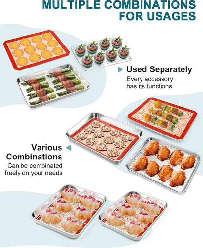 TeamFar Toaster Oven Tray, 10.5inch Stainless Steel Baking Sheet Pans Cookie Sheets for Baking with Cooling Rack & Silicone Baking Mat, 2 Pans + 2 Racks + 2 Silicone Mats, Non Toxic, Easy Clean