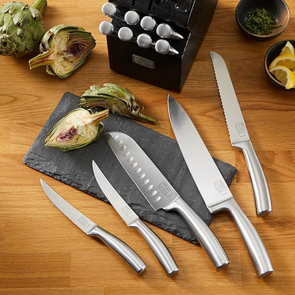 Chicago Cutlery Malden (16-PC) Kitchen Knife Block Set With Wooden Block & Built-In Sharpener, Contoured Handles and Sharp Stainless Steel Professional Chef Knife Set & Scissors
