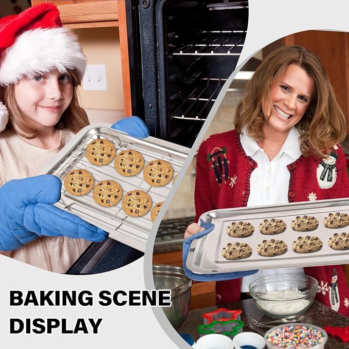 Baking Sheet with Cooling Rack Set, 3 Stainless Steel Baking Pan Cookie Sheet with 3 Cooling Rack, 9/12/16 Inch Cookie Tray Pans for Baking, Non Toxic & Easy Clean