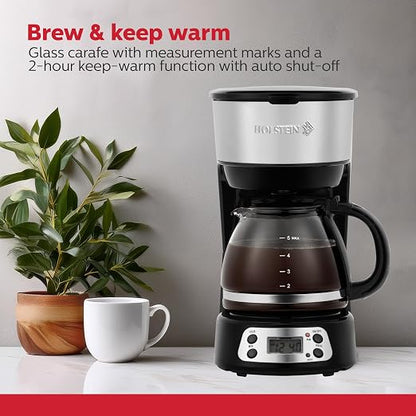 Holstein Housewares 5-Cup Programmable Coffee Maker, 25oz Drip Coffee Machine with Auto Brew Timer, Pause & Serve, Compact Design – Perfect for Home, Office & Dorm Use, Black