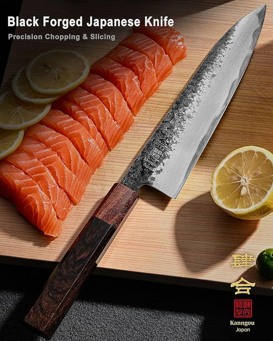 kanngou 8.27 Inch Japanese Chef Knife, 210MM Black Forged Japanese Knife with Red Sandalwood and Eboy Wood Handle, Gyuto Chefs Knives with Premium Gift Box (WA Series)