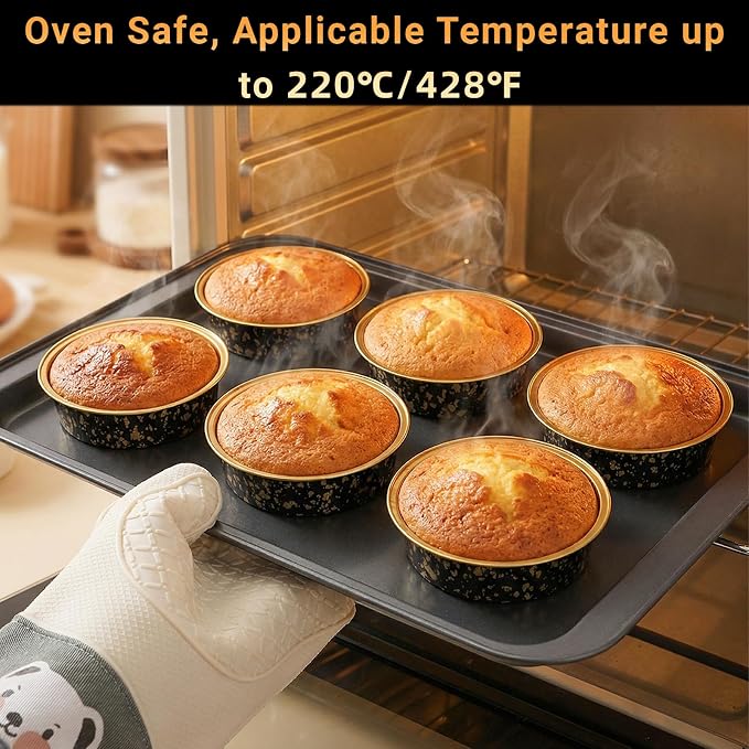 Beasea 4 Inch Pie Tins with Lids, 50 Pack 7.3 Oz Disposable Mini Tart Tins, Aluminum Foil Baking Tins Small Round Muffin Container Mini Cheesecake Cups for Pie Tart Quiche - Black Gold Speckles