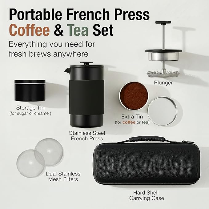 Travel French Press Coffee Maker Set - 12 oz | Portable Travel French Press Coffee Maker | Double Wall Insulated with Dual Stainless Filters & 2 Steel Canisters for Grounds, Tea, Creamer & Sugar