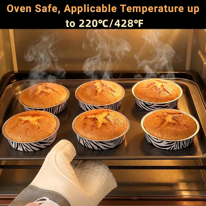 Beasea Mini Tart Pans with Lids 50 Pack, 4" 7.3oz Disposable Aluminum Foil Baking Tins Cups Round Pie Container for Individual Cupcake Dessert Muffin Cheesecake Quiche - Zebra Stripes
