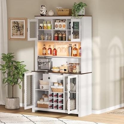 VilroCaz 70.9" Tall Farmhouse Kitchen Pantry Buffet Cabinet with Doors, Drawer and Shelves Wine Rack, Wooden Kitchen Hutch Cabinet with LED Outlets for Dining Room (White-R)