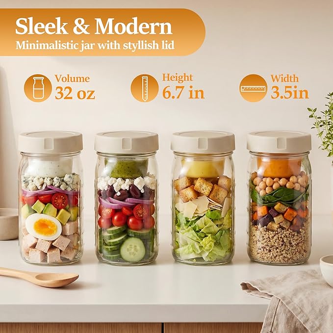 Glass Salad Jars 4 Pack 32oz with Lids for Meal Prep, Salad Container for Lunch, Jars with Dressing Cup, Wide Mouth Mason Jars, Meal Prep Jars