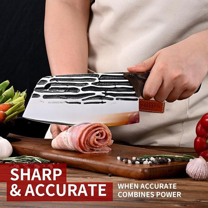 Forged Meat Cleaver Kitchen Butcher Knife for Meat Cutting and Slicing, Serbian Chef Knife with Wood Handle and Gift Packaging