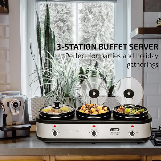 OVENTE Stainless Steel Triple Slow Cooker Buffet Server with Glass Lid & Temperature Control, 3 Section Station Portable 4.5 QT Ceramic Pot Food Warmer Easy Clean for Holiday Dinner, Silver SLO315CBR