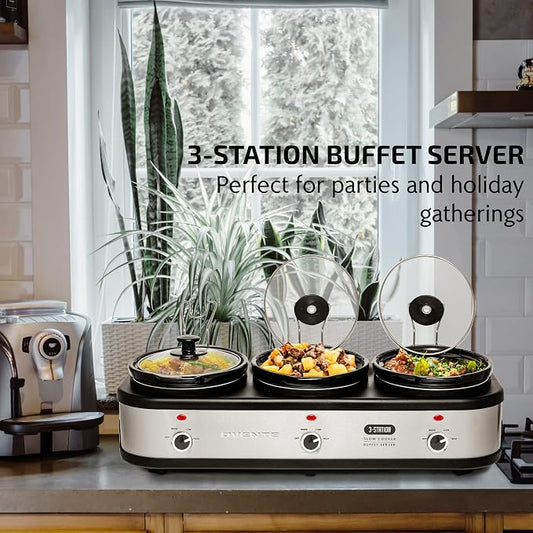 OVENTE Stainless Steel Triple Slow Cooker Buffet Server with Glass Lid & Temperature Control, 3 Section Station Portable 4.5 QT Ceramic Pot Food Warmer Easy Clean for Holiday Dinner, Silver SLO315CBR