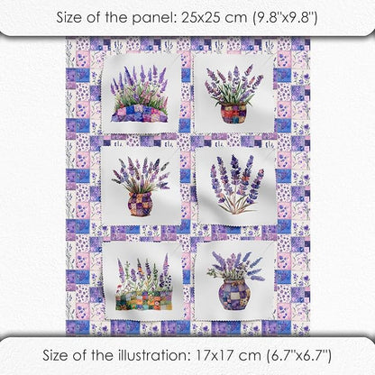Lavender Patchwork Cotton Fabric Panel – 6 Designs (10×10 inch Each) + Bonus Sheet 29.5×19.6 inch, 100% Cotton 140 GSM, Made in Türkiye