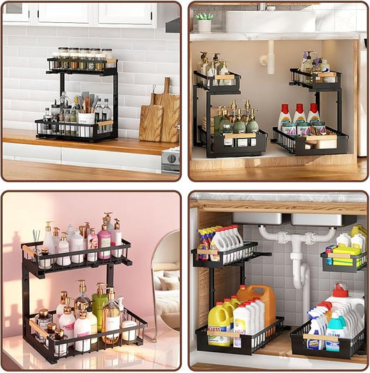 Under Sink Organizers and Storage, 2 Pack L-Shaped Pull Out Cabinet Organizer, 2 Tier Sliding Storage Rack with Adjustable Height, Metal Under Sink Shelf for Kitchen, Bathroom, Pantry, Black
