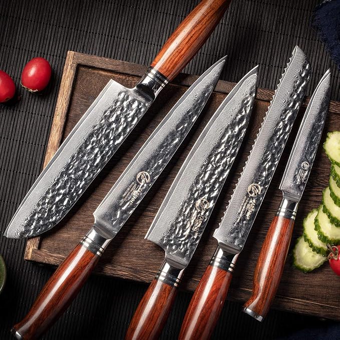 YARENH Chef Knife Set without Block, 5 Piece Professional Sharp Kitchen Knives,Damascus Stainless Steel, 73 Layers, Full Tang, Dalbergia Wood Handle, HTT Series