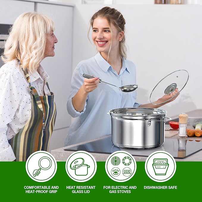 YSSOA 18-Piece Stainless Steel Kitchen Cookware Set, Including Saucepan, Casseroles with Tempered Glass Lid, Frypan, Steamer, Salad Bowl , Fryer Basket, Heat Resistant Mat & Utensils Set, Silver