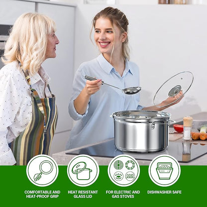 YSSOA 18-Piece Stainless Steel Kitchen Cookware Set, Including Saucepan, Casseroles with Tempered Glass Lid, Frypan, Steamer, Salad Bowl , Fryer Basket, Heat Resistant Mat & Utensils Set, Silver