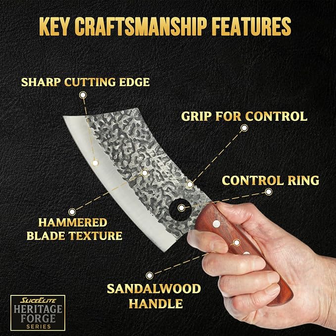 SliceElite Hand Forged Meat Cleaver Knife | Heavy Duty Butcher Knife with Blackened Blade, Sandalwood Handle & Gift Box | High Carbon Steel BBQ Kitchen Cleaver | Bone Chopping Knife for Men