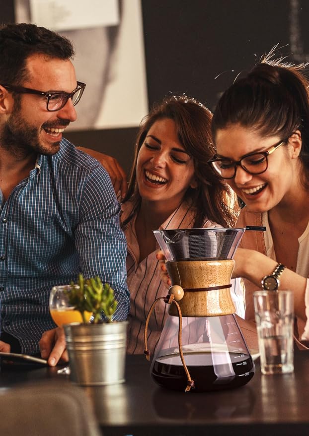 AGOGO Pour Over Coffee Maker Glass - Barista Kit with 304 Stainless Filter for Home, Office, Camping, Cafes - Easy Clean Coffee Dripper Set (Soft Towel&Brush) (28oz Slim Shape w/SS Filter)