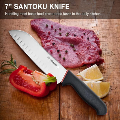 7 inch Santoku Knife- Razor-Sharp High Carbon Stainless Steel with Fluted Edge, Non-Slip Softgrip Handle,Multi-Purpose Kitchen Knife for Vegetable Chopping, Precise Dicing, Meat Slicing