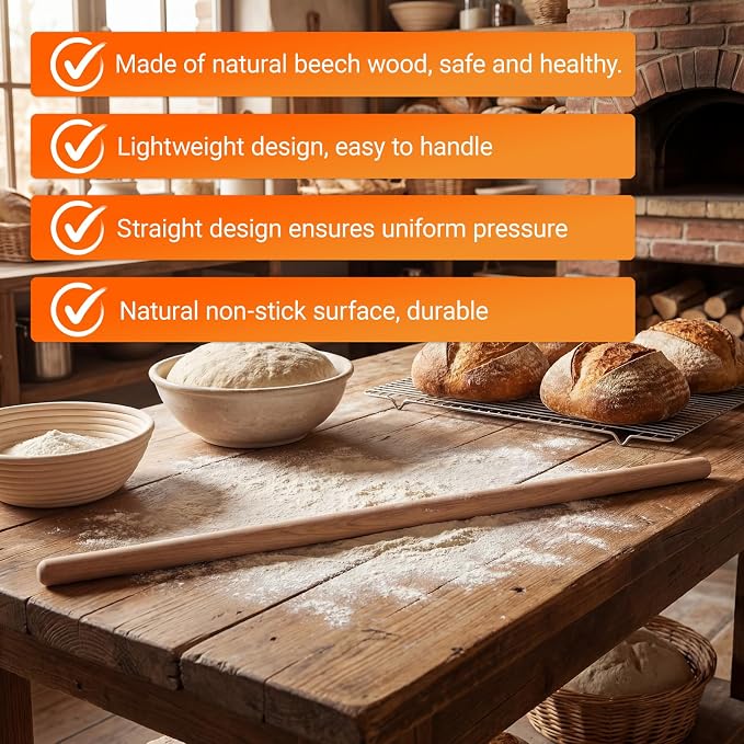 Gisafai 2 Pack Extra Long Thin Rolling Pins 3/4-inch Diameter 31 Inch /80 cm Long Wooden Baking Dough Rolling Pins Handmade for Large Baking, Pizza, Tortilla, Bread, Nut Tart