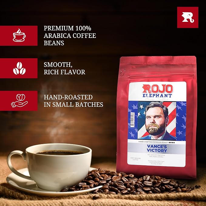 Rojo Elephant Caffeinated Ground Coffee, Single Origin Arabica Beans, Naturally Low Acid, Premium Ground Coffee (11 oz Bag) (Espresso Roast - Vance's Victory)