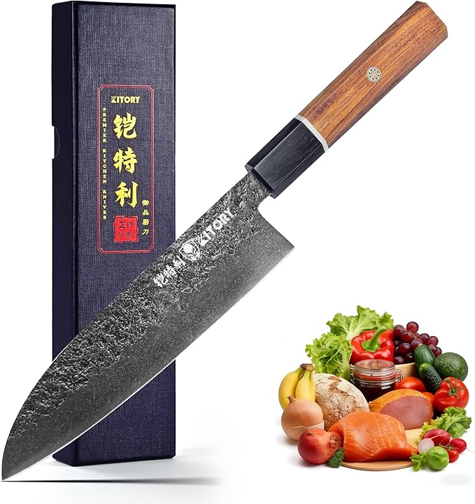 Kitory 7'' Santoku Knife, Black Stonewashed High-Carbon Steel Japanese Kitchen Knife, Hand Forged Ultra Sharp Asian Chef Knife with Ergonomic Wood Handle and Gift Box
