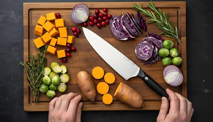 Lamson Vintage 8" Chef's Knife, Hi-Carbon Stainless Steel Blade, Double Riveted for Balance, Ideal for Dicing, Slicing & Chopping, Kitchen Knives - Midnight Handle