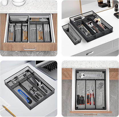 Neudeco Drawer Organizer Set, Black Mesh, 5 Pack | 4-Compartment Silverware Organizer Tray, 4 Utensil Trays, For Flatware, Cutlery, Office Supplies, Non-Slip