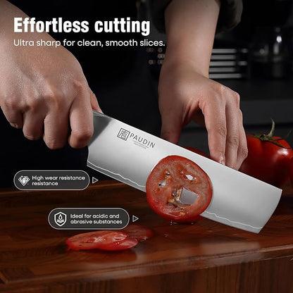 PAUDIN Nakiri Knife 7 Inch,Damascus High Carbon Steel Kitchen Knife 62 HRC, Ultra Sharp Vegetable Chopping Cleaver and Meat Slicing Asian Chef Knife for Home Cooks, Gift Box Included for Women and Men