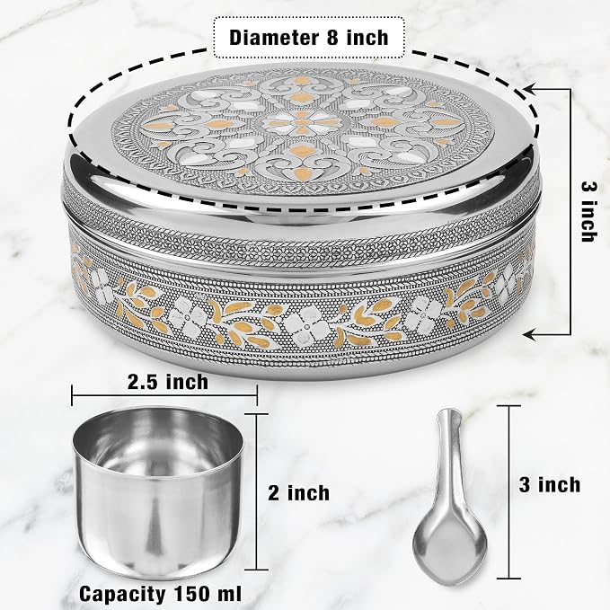 KSJONE Designer Spice Box, 7 Spice Jars, Holds 7 Spices, Steel Spice Container with 7 Spoons, Storage for Spices and dryfruits Indian Masala Dabba Gifts for Women, Mothers Day Gifts for Mom (8 Inch)