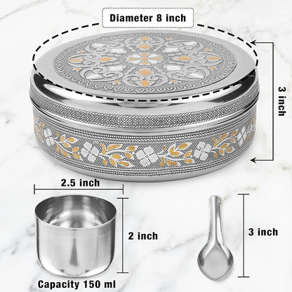 KSJONE Designer Spice Box, 7 Spice Jars, Holds 7 Spices, Steel Spice Container with 7 Spoons, Storage for Spices and dryfruits Indian Masala Dabba Gifts for Women, Mothers Day Gifts for Mom (8 Inch)