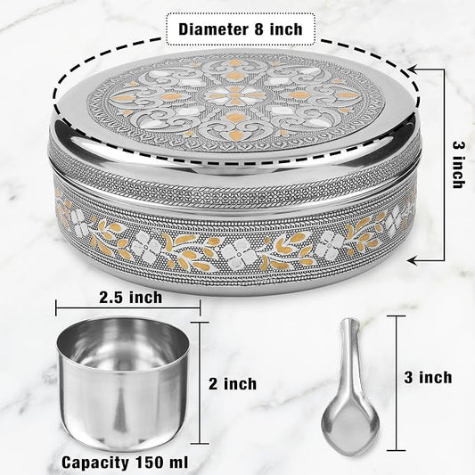 KSJONE Designer Spice Box, 7 Spice Jars, Holds 7 Spices, Steel Spice Container with 7 Spoons, Storage for Spices and dryfruits Indian Masala Dabba Gifts for Women, Mothers Day Gifts for Mom (8 Inch)