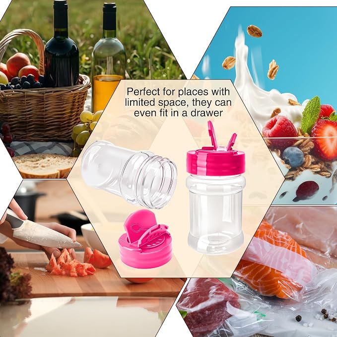 30 Pcs 2 oz Mini Plastic Spice Jars with Sifters Clear Empty Spice Bottles Round Seasoning Containers for Travel Kitchen (Pink Top with 2 Side Hole)