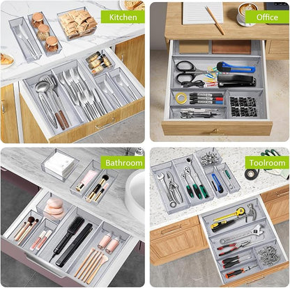 Neudeco Silverware Drawer Organizer, Pack 5, Silver | Utensil Organizer, For Large Utensils, Interlocking Arm, Cutlery Tray for Knives Fork Spoon