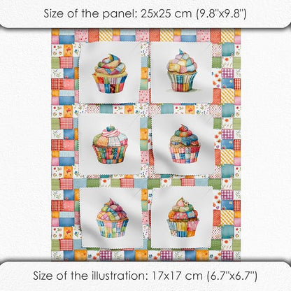 Patchwork Cupcake Fabric Panel – Single Continuous Cotton Satin Panel with 6 Printed Squares 9.8” x 9.8” and Bonus Patchwork Area – 100% Cotton for Quilting & Sewing
