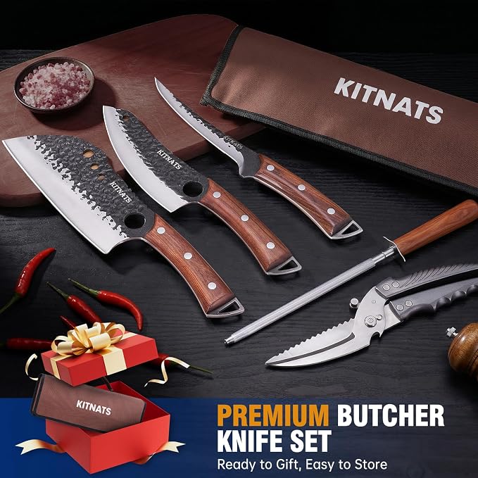 KITNATS 9PCS Butcher Knife Set with Roll Bag, Hand Forged Kitchen Knife Set with Meat Cleaver, Boning Knife & Chef Knife for BBQ, Meat Processing, Camping, Outdoor Cooking, Gift for Men