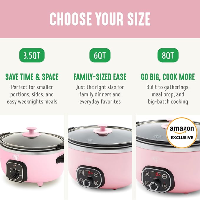 GreenLife 8QT Slow Cooker, Non-Toxic PFAS-Free Ceramic Nonstick Removable Interior Bowl, Programmable, Family Friendly, Keep Warm, Stovetop & Oven Safe, Dishwasher Safe Crock, Timer, Glass Lid, Pink