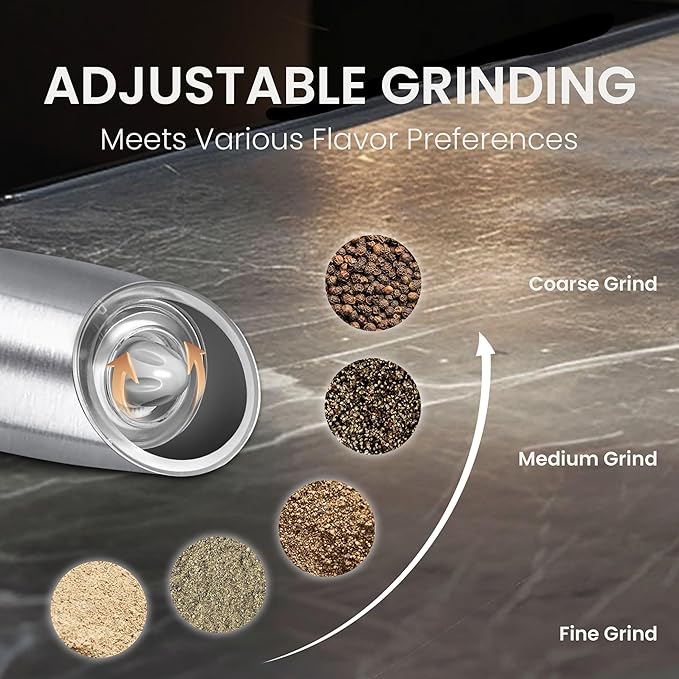Rechargeable Salt And Pepper Grinder with LED Light, Automatic Electric Gravity Salt And Pepper Shakers, No Battery Needed, Adjustable Roughness, 1 Pack (Silver)