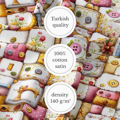 Vintage Sewing Notions Patchwork Cotton Fabric Panel 61 x 36.6 Inches, Buttons & Threads Quilt Print, Soft Pastel Multicolor Tones, 100% Cotton 140 GSM