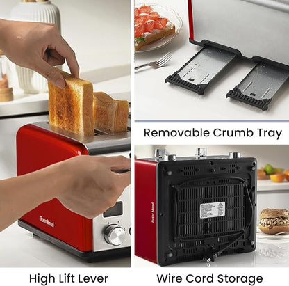 Roter Mond Countdown Stainless Steel 4 Slice Toaster with Bagel, Defrost, Cancel Function, Dual Toaster, Extra Wide Slots, 6 Shade Settings, Removable Crumb Trays, 1650W, Red