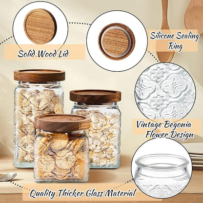 Gerrii Clear Begonia Square 5 Pcs Vintage Glass Food Storage Containers 17/24/34 oz Glass Jar with Lid Airtight Candy Food Canisters for Kitchen Counter Pantry Coffee Beans