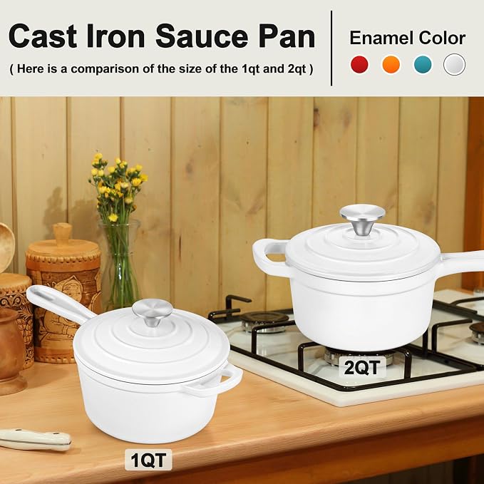 Leonyo Cast Iron Pots and Pans Set, 1Qt & 2Qt Enameled Sauce Pan with Lid, Small Cast Iron Dutch Oven Kitchen Cookware Appliances for All Cooktops Cooking Pasta, Milk, Egg - Up to 500°F, White
