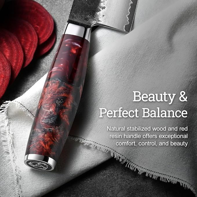 Japanese Nakiri Knife, 7 Inch Hand Forged Chef Knives with VG10 Steel, Professional Kitchen Knives, Ultra Sharp Vegetables Knife with Ergonomic Red Handle, Cooking Gifts for Men and Women
