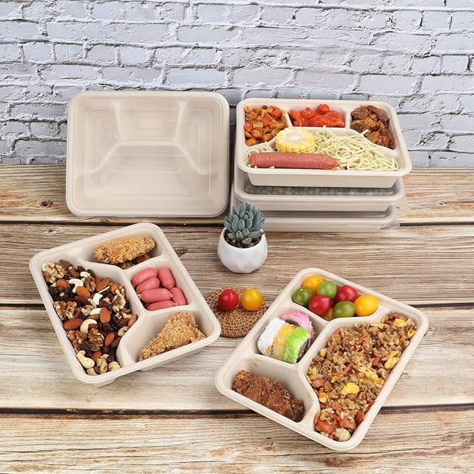 Sugarcane Fiber 24 oz 4 Compartments disposable plates with Lids Bagasse Plant Fibers Freezer Safe 50 Pack