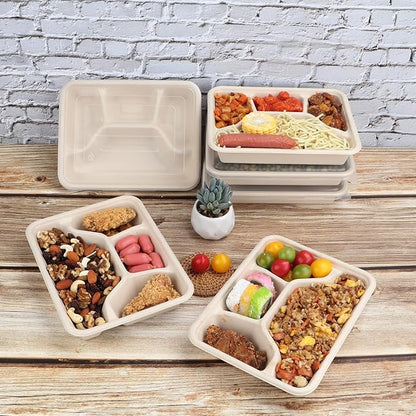 Sugarcane Fiber 24 oz 4 Compartments disposable plates with Lids Bagasse Plant Fibers Freezer Safe 50 Pack